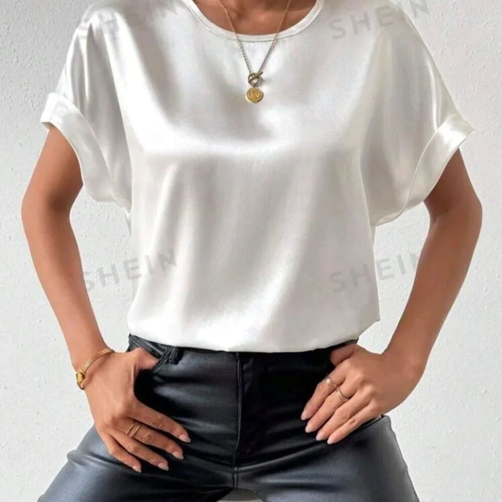 SHEIN Prive' Batwing Short Sleeve Satin Blouse With Round Neck